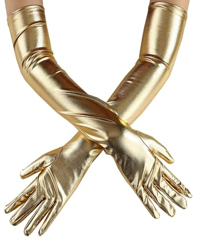 LOZTBUE 1 Paar lange goldene Handschuhe für Damen – Handschuhe elastisch, glänzend, Opernhandschuhe, elegante Abendkleid-Handschuhe, Halloween-Kostüm, Cosplay-Kostüm