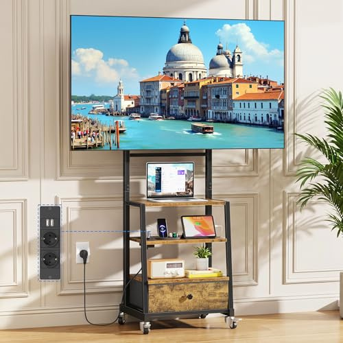 OYRREU Supporto TV da Pavimento per 32-75 Pollici con Presa di Corrente e USB, Mobile TV con Ruote con 3 Ripiani e Cassetto, Altezza Regolabile, VESA 600x400 mm, Carico 50 kg, Marrone Vintage