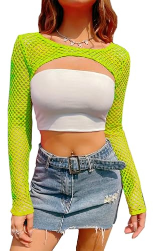 CHILIRIA Kvinnor nät topp sexig Y2k fisknät shmats ihålig bolero tröja virkad täcka klubbfest, Neon, L