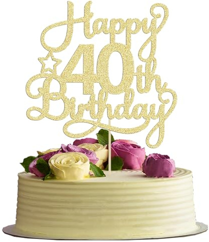 VGRDTM 40th Birthday Cake Topper, 40th Birthday Decorations, 40 Cake Topper, Gold Happy Birthday Sign for Cakes, 14.2x25cm Party Supplies