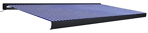 Tenda da sole motorizzata a cassetta, 500 x 300 cm, colore blu e bianco, per esterni, protezione UV, tettoia retrattile, resistente alle intemperie, ideale per terrazze e giardini