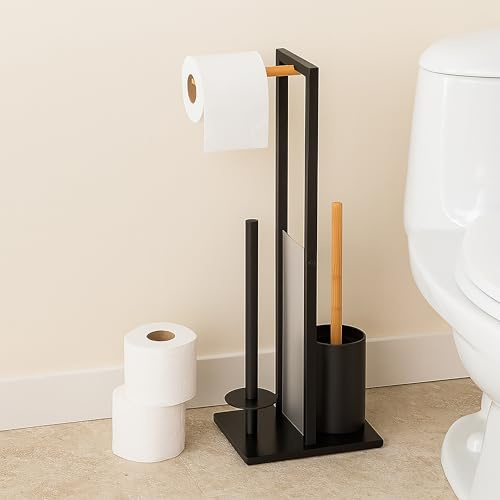 Juego de baño Relaxdays, 65 x 21 x 18 cm, Soporte de Papel higiénico, escobilla, Porta Rollos, Negro/Natural