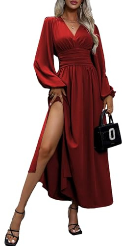 LIAMERHE Women's Winter Maxi Dress V-Neck Wrap Long Sleeve Elegant Sundress High Waist Ladies Casual Autumn Slit Elastic Dresses for Wedding Party Burgundy L