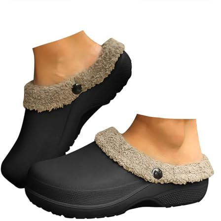 Xbemkste Zuecos con forro para mujer y hombre, invierno, cálidos, impermeables, con pelo, pantuflas de felpa, zapatos de jardín forrados, cómodos, antideslizantes, para exterior, Negro , 40 EU