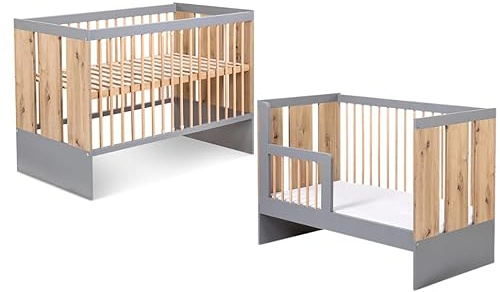 Sleepy shop 24 YOUR PERFECT MATTRESS Kinderbett 120×60 Grafit-Eiche Holz mit Schutzgitter, 3-Fach höhenverstellbar, abnehmbare Sprossen, Babybett robust und sicher