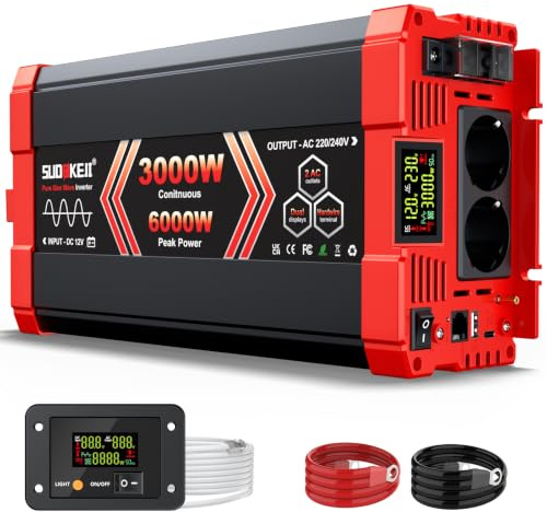SUDOKEJI Inversor 12v 220v Onda Pura 3000W 6000W Pico, SUDOKEJI Convertidor de Corriente 12V a 230V con Mando a Distancia LCD, Inversor de Coche con 2 Tomas UE y USB, para Camión Caravana Camping