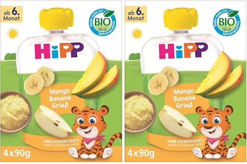 HiPP Bio Quetschie Mango Banane Grieß,16 Stück (8er Pack mit je 4 x 90g), für Babys ab 6. Monat, ohne Zuckerzusatz, vegan, in bester Bio-Qualität