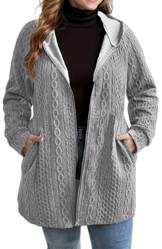 Huvtröjor med hel dragkedja för kvinnor jackor överdimensionerad slouchy kabelstickad cardigan kappa höst vinter långärmad solid ytterkläder med huva, Ljusgrå, 3XL