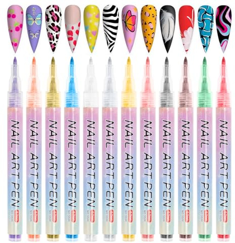 Bafiwu Professional 3D Nail Art Pens Set, Quick-Dry Markers 0.7mm, Waterproof Acrylic Paint, DIY Design, 12 Colours