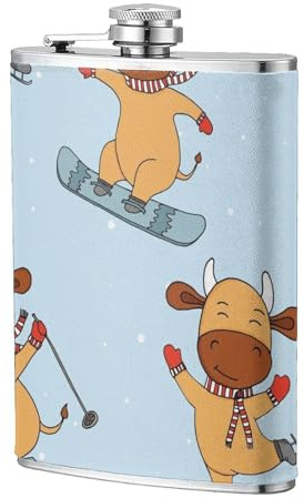 Des vaches drôles qui skient,Flasque de poche plate de 8 oz en acier inoxydable 304, idéale pour les activités de plein air.