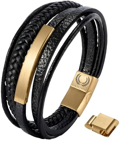 Mauro Vinci herrläderarmband i svart och guld från Uro plano – justerbar längd från 21 cm till 22,5 cm – magnetarmband ingår presentförpackning