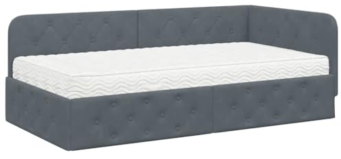 mtlskopl Telaio per letto angolare in velluto, 90 x 190 cm, grigio scuro, design moderno a L, con rete a doghe e materasso in schiuma confortevole, salvaspazio, per soggiorno, sonno e camera dei