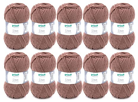 Gründl Lisa Premium Uni stick- och virkgarn (mjuk och ulliknande karaktär, lättvårdat tvättbart stickgarn tillverkat av 100% polyakryl, 50 g/133 m, nåltjocklek: 3,5 – 4,5, 10 nystan á 50 g), nougat