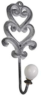 Chic Antique Altfranzösischer Crochets de Vestiaire Crochet avec Poignée Porcelaine et Cœur Décor Crochet Mural Antique Fonte H 16 cm Antique