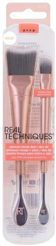 REAL TECHNIQUES Skincare Brush Duo for Hands Free Skin Care Application, Hygenic, Face Brush, Eye Brush, and Jar Scoop Made With Stainless Steel, Use With Serums, Creams, and Toners, 2 Piece Set, Pink