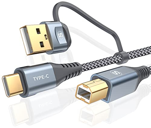 Printer Cable 2-in-1 USB-A/C to USB-B Cord 6.6FT, Type C MIDI Cable Braided High Speed Printer Cord for HP Canon Dell Epson Brother Samsung, MacBook Pro/Air,Digital Piano MIDI Controller-Grey