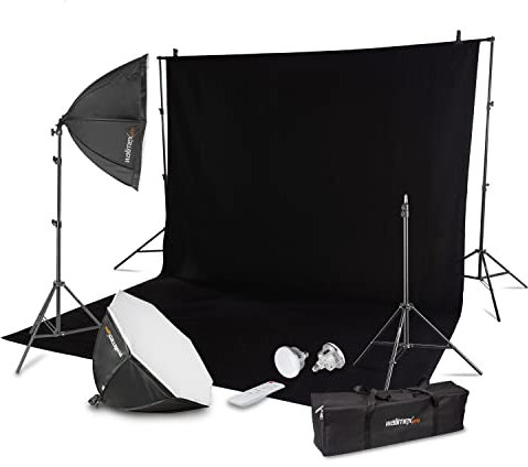 Walimex Pro Premium Fotostudio Set inkl. 2X Lampenstativ mit 2X LED 45W Octagon Ø65cm Bi Color und komplettem Teleskop Hintergrundsystem 120-307 cm mit Stoffhintergrund schwarz