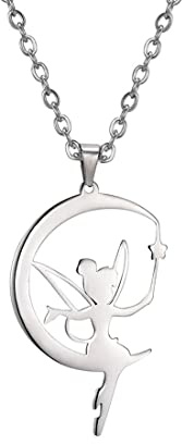 Månen Wendy princessea DIY klocka hänge halsband delikatess älva pixie ängel håller trollstav choker magi trend dansare balett smycken saga historia citat flicka, 4.1 x 2.46 cm, Rostfritt stål, Ingen