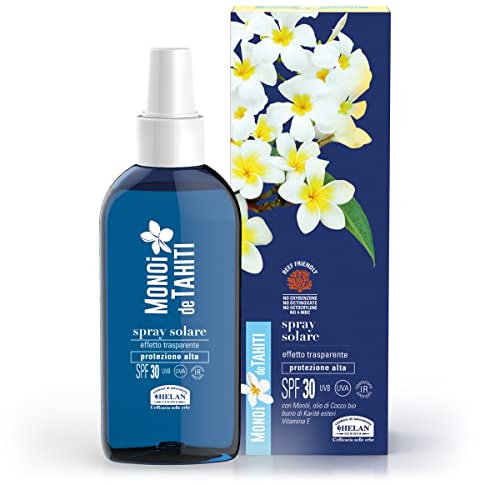 Helan, Monoï de Tahiti - Spray Solare 30 Corpo Trasparente, Sunscreen con Olio di Cocco, Burro di Karitè Puro Esteri e Vitamina E, Protezione Solare 30 SPF Media contro UVA non Unge non Macchia 150 ml
