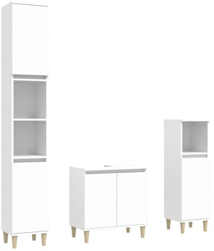 vidaXL Badmöbel Set 3-TLG., Badschrank Holzbeine, Badezimmer Unterschrank Hochschrank Midischrank, Badezimmermöbel, Weiß Holzwerkstoff