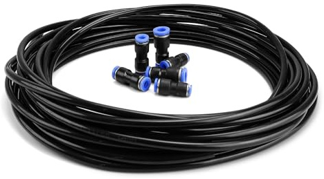 DIYCUT Tubo pneumatico da 10 m, 6 mm, tubo per aria compressa, in poliuretano, flessibile, per esterni, interno 4 mm, nero, con 6 attacchi rapidi