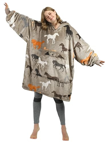 Catalonia Oversized Blanket Hoodie, Horse Print Fleece Wearable Blanket