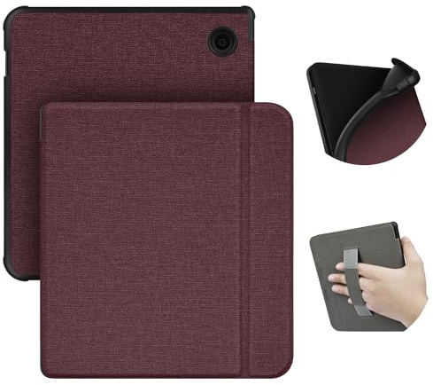 ERUNTO Hülle für 7 Zoll Kobo Libra 2 (2021 Release)/Tolino Vision 6, TPU-Abdeckung mit Stoffstruktur und Handgurt auf der Rückseite, magnetische Shell-Abdeckung mit Auto Wake-up/Sleep(Weinrot)