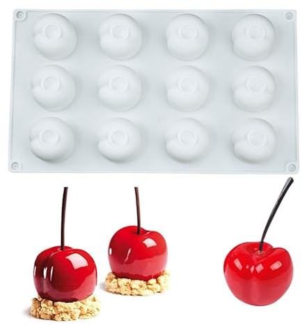 OCPO KITCHEN Cherry Silicone Molds for Baking Mousse Cake, 3D Silicone Baking Mold for Candy Pastry Chocolate Truffle Cupcake Jelly Cookie Pudding Cake Decoration Mold, Cherry Shape (12-Cavity)