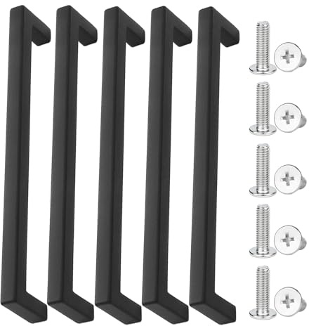 5 stycken svarta dörrhandtag, 10 stycken platta huvudskruvar, lådhandtag, skåphandtag, garderob-dörrhandtag, lådhandtag av metall, art deco-handtag, köksdörrhandtag (160 mm)