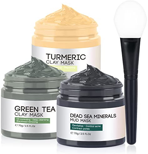 Clay Mask, Face Masks Skincare, Turmeric, Dead Sea Mud, Green Tea Face Mask, Facial Mask Set for Deeply Cleansing, Pores, Acne, and Oil Control - 3x70g