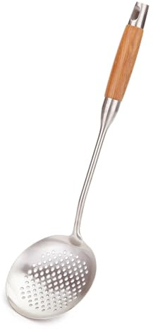 FJNATINH Skimmer Ladle, 15.4inches spatula for wok, 304 Stainless Steel wok spatula,Wooden Handle