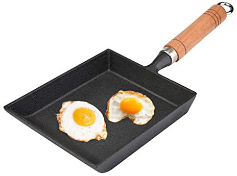 Sartén para Tamagoyaki Japonesa, Hierro Fundido, Antiadherente, Cuadrada, Apta para Inducción y Lavavajillas, Mango de Madera