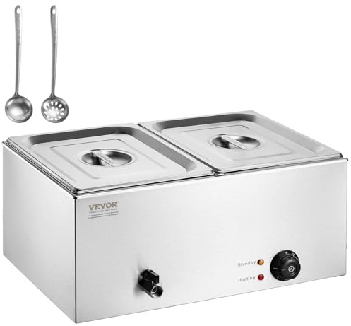 VEVOR Chauffe-Plat Buffet à 2 Bacs, Bain-Marie Électrique 17 L 1200 W, Buffet Chauffant en Acier Inoxydable, Température Réglable 30-85 °C, pour Réchauffer Les Aliments Restauration Soirée Fête