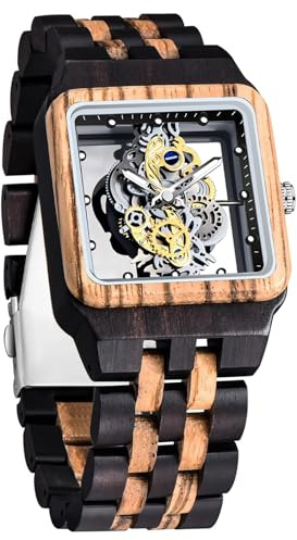 Tiong Orologio da uomo in legno di bambù rettangolare scheletro cavo dell'ingranaggio orologi da uomo analogici al quarzo orologi in legno per uomini, Wq1010-marrone, Retrò