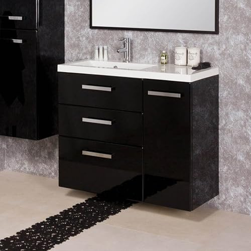 Quentis Badmöbelset Genua Breite 90 cm, Schwarz Hochglanz, Waschbeckenunterschrank montiert, 3 Schubladen, 1 Türe, Softeinzug