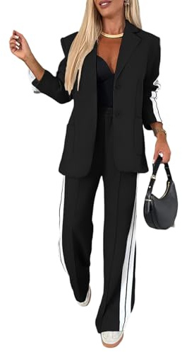 CHICME Womens Two Piece Outfits Striped Side Button Blazer and Pants with Pockets Sets Business Casual Pant Suits Set-bk-L Black