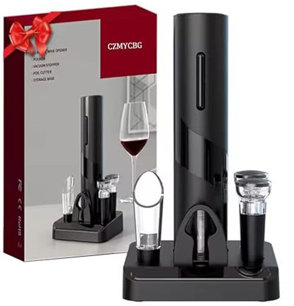 Electric Wine Opener Set with Base, Automatic Cordless Wine Bottle Opener with Pourer Foil Cutter Vacuum Pump for Home Party