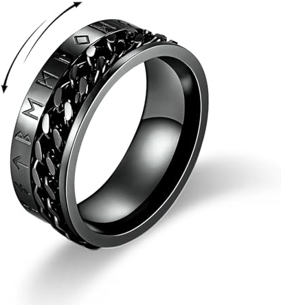 MERTTURM Anillo Runas Vikingas, Antiestres Acero Inoxidable Anillo Giratorio con Cadena Giratoria para Banda/Decoración de Moda/Promesa de Compromiso de Boda - Negro Talla 69.8mm