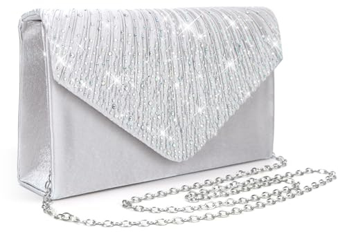 Pardofelis Abendtasche Damen Clutches, Clutch Silber Glitzer Satin, Abendkleid Clutch Bag mit Abnehmbarer Kette Cross Body Bag, Elegante Kristall Diamant Abendtasche für Hochzeit Prom Party