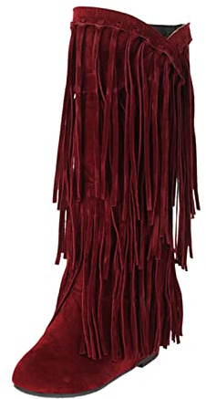 Bottines à talons bas classiques à franges pour femme | Bottes mi-hautes élégantes d'hiver avec franges | Bottes d'hiver confortables et antidérapantes pour femme, rouge, 39 EU