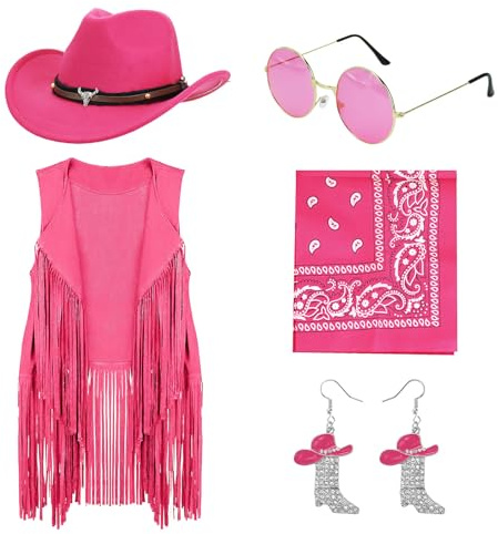 OJMHD 5 Stück Western Cowgirl Kostüm für Damen, Cowboy Outfits mit Rosa Fransenweste, Cowboy hut, Ohrringe, Hippie-Brille, Bandana für Karneval Fasching Halloween Cosplay, XXL