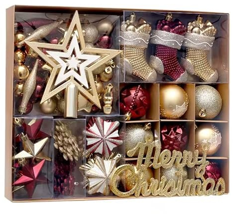 POPSNJOY 70 Pieces of Red And Gold Christmas Decorations Tree Top Star Bauble Painted Gift Box Set Tree Hanging Decorations for Hanging Holiday Family Decoration Party