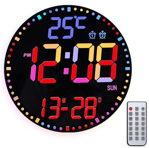 Digital väggklocka 30,48 cm med nattljus, digital väggklocka med fjärrkontroll, larm, stor digital klocka, digital klocka med nattljus, 12 RGB-färger temperaturdisplay, datum vardagsdag för vardagsrum
