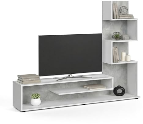 duehome | Mueble de Salón, Composición Modular de TV, Modelo Moobi 160, Acabado en Blanco y Microcemento, Medidas: 160 cm (Largo) x 29 cm (Fondo) x 124 cm (Alto)