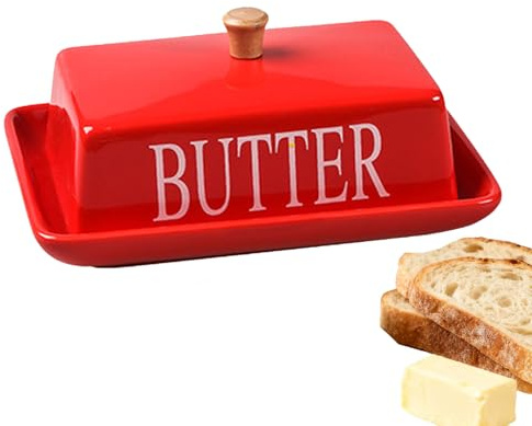 Recipiente para Mantequilla, Mantequera de Ceramica, Platos de Mantequilla de Cerámica, Apto para Mantequilla Blanda y Fresca, 18 x 13 x 8 cm, Pegatinas con Letras (Rojo)