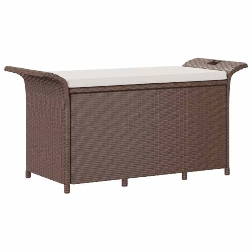 Qnhdfrt Gartenbank mit Stauraum und Sitzkissen, Truhenbank aus Poly-Rattan in Rattan-Optik Braun, Gartenmöbel für Terrasse und Balkon, 116 x 46 x 57 cm