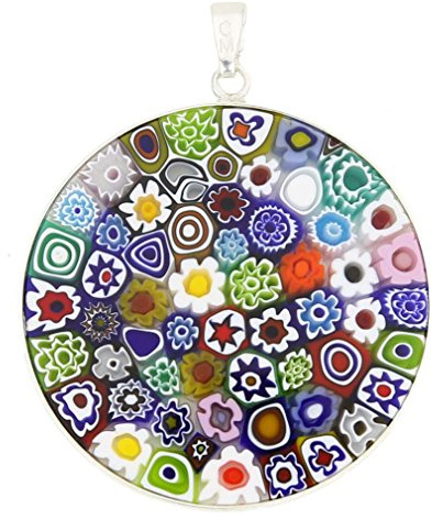 Glas von Venedig Murano Glas Millefiori Anhänger Halskette Mehrfarbig in silbernem Rahmen 1-1/2 Zoll für Frauen handgefertigt in Venedig, Italien