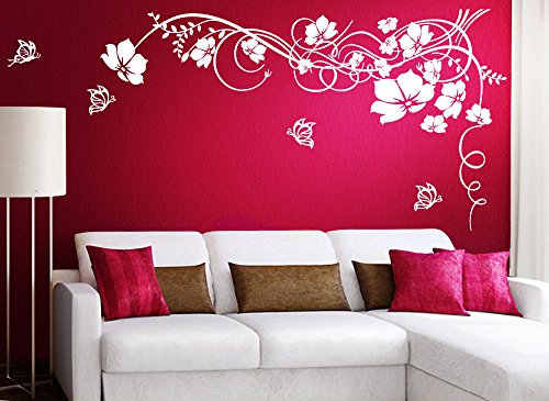 Grandora Wandtattoo Blumenranke & Schmetterlinge I dunkelgrau (BxH) 150 x 82 cm I Wohnzimmer Schlafzimmer Sticker Aufkleber Wandaufkleber Wandsticker W829