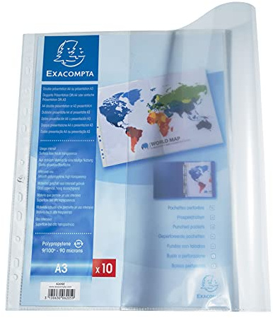Exacompta - Ref 6205E - PP-dokumentfickor med hålslag - Passar för vikta A3-dokument, 0,1 mm polypropen, övre öppning för dokument, förstansad vänster flik - klar (förpackning med 10 stycken)