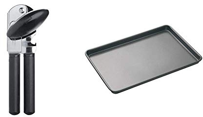 OXO 28081 Good Grips Soft Handled Can Opener, Black/Silver, 187(H) x 45(W) mm & MasterClass Large Baking Tray with PFOA Free Non Stick, Robust 1 mm Carbon Steel, 39 x 27 cm